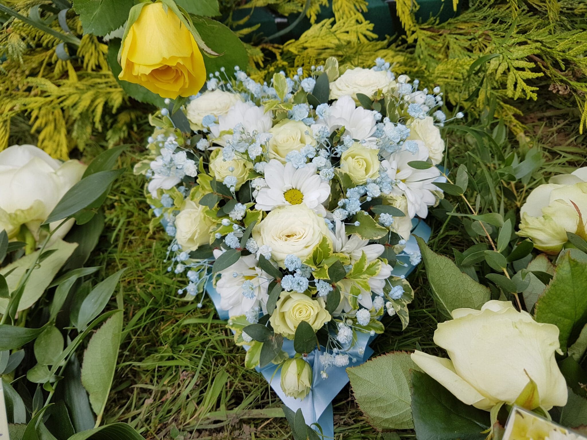 A heart-shaped floral arrangement with white and pale yellow roses, daisies, and small blue flowers, surrounded by green leaves on grass. A single yellow rose is placed above the arrangement.