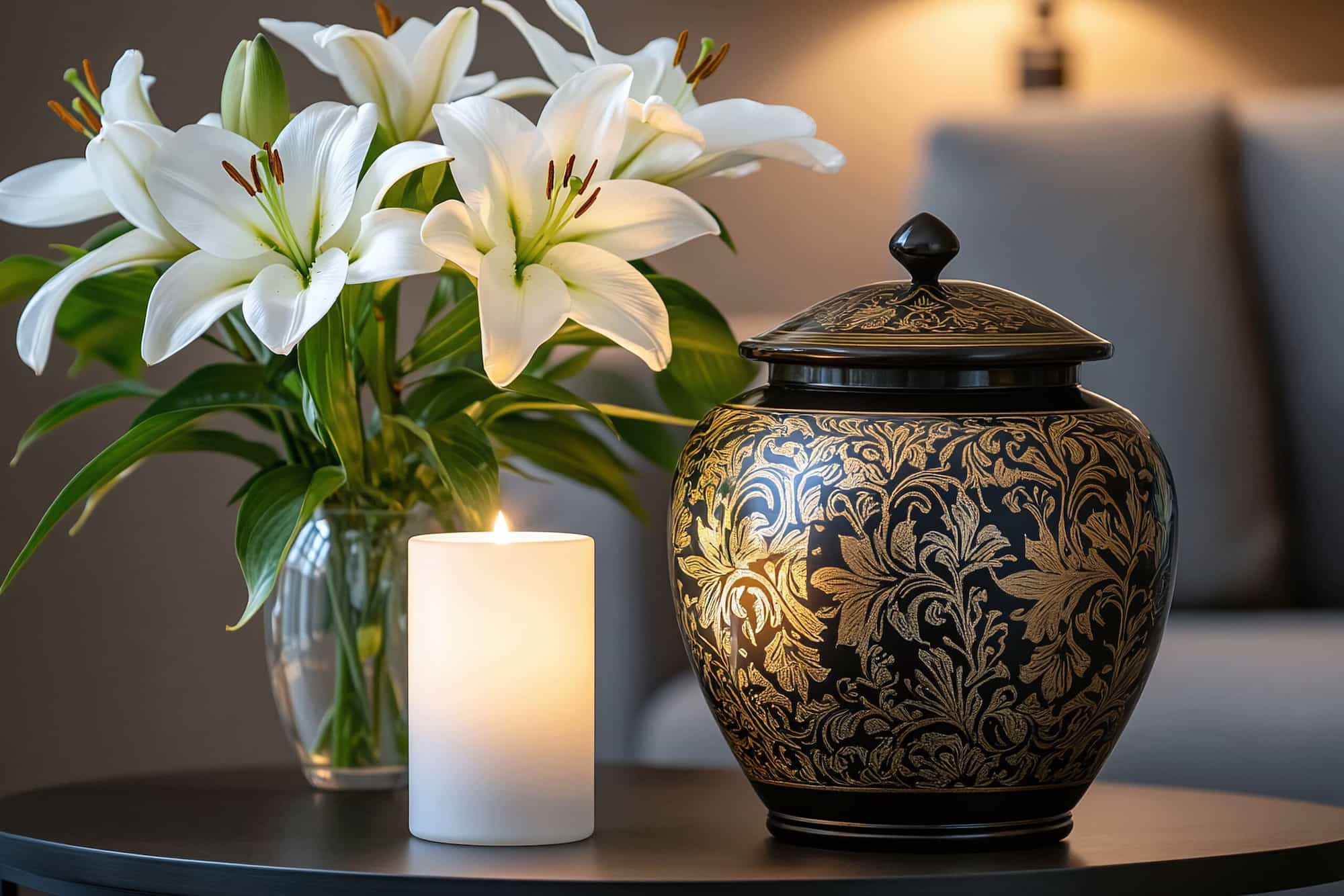 A decorative black and gold urn sits on a table next to a glowing white candle and a vase of white lilies, with a soft, neutral living room in the background.