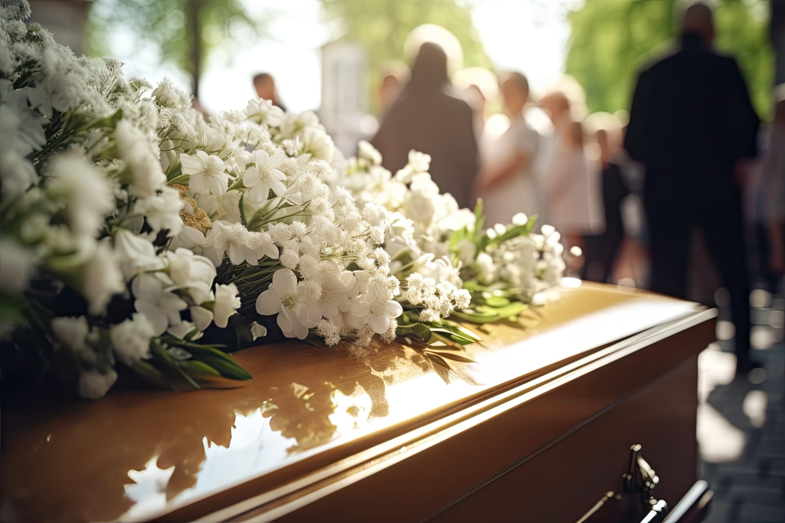 A wooden casket adorned with white flowers is in the foreground, while blurred mourners stand together outdoors in soft sunlight in the background.