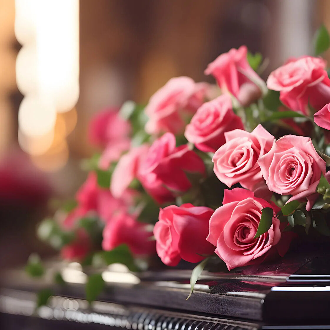 A bouquet of pink roses with green leaves rests on a polished black piano, softly lit with a warm, blurred background.