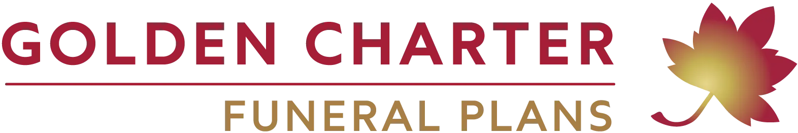 Golden Charter Funeral Plans logo featuring the text "GOLDEN CHARTER" in red above "FUNERAL PLANS" in gold, with a stylized gold and red maple leaf on the right.